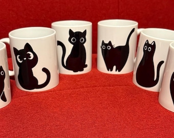 Purrfectly Caffeinated: 11oz Double-Sided Black Cat Mug, Sip Happens Cute Kawaii Gift Mug, Mystic Mornings 2-sided coffee cup, Feline Mug