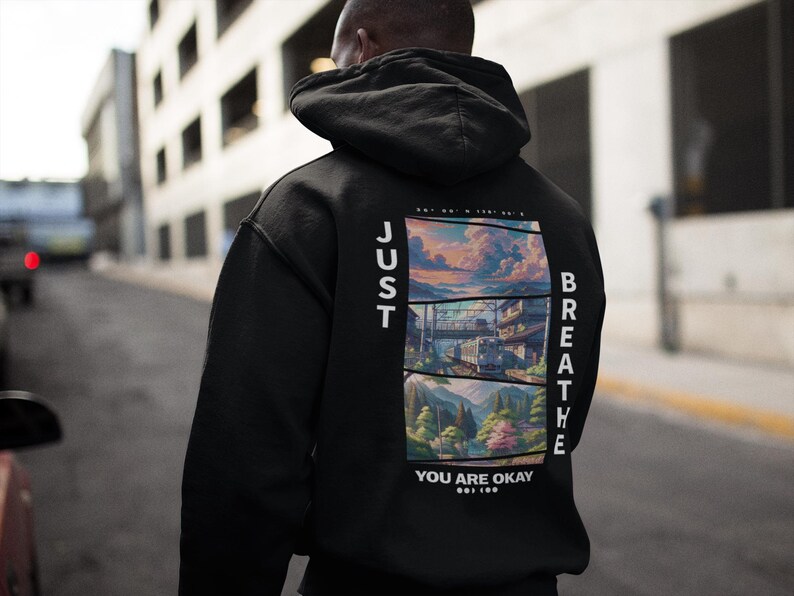 Just Breathe Cozy Comfort Hoodie, Japan Hoodie, Perfect Gift for Anime Lovers, Fleece-Lined Relaxed Fit Hoodie, Anime Art, Chill Vibe Hoodie bild 1