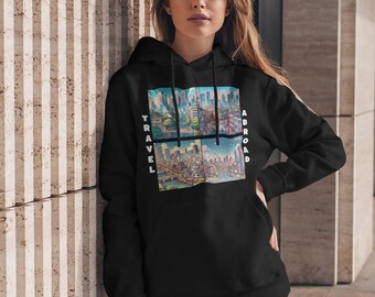 Travel Abroad Anime Hoodie, Cozy Fleece-Lined Adventure Hoodie