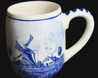 Delft Blauw Mug Cup Hand Painted Holland Blue Windmill Flowers Two Sided Vintage
