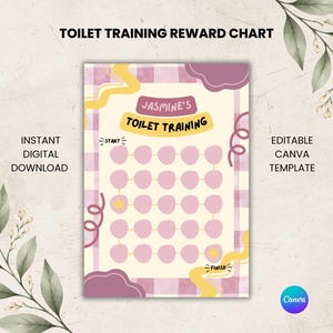 Pode incluir: Uma tabela de recompensas retangular para o desfralde com um fundo xadrez rosa claro e branco. A tabela inclui o texto Jasmine's Toilet Training, Start e Finish, com uma grade de círculos rosa claro e ícones de estrelas amarelas.