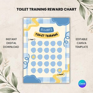 May include: A rectangular toilet training reward chart featuring a blue and white checkered border, a cream-coloured centre, and the text Elijah's Toilet Training. It includes a grid of light blue circles, yellow stars, and abstract yellow and blue shapes.
