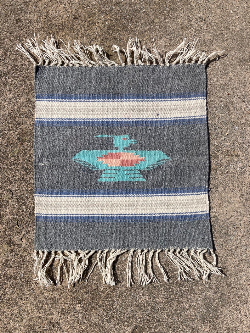 Native American Design Handwoven Small Rug, Gray and Blue image 1