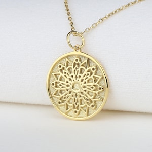 14k Gold Mandala Necklace, Personalized Mandala Pendant, Mandala Medallion Necklace, Dainty Necklace, Wedding Gift, Custom Engraved Necklace