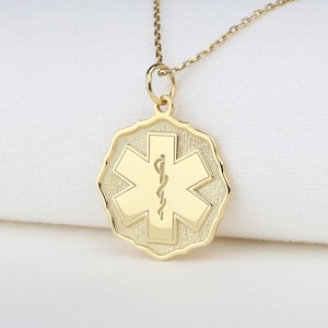 Collana di allerta medica in oro 14k, ciondolo di allerta medica personalizzato, ciondolo di identificazione medica personalizzato, gioielli medici, ciondolo malato, regalo per infermiere