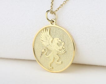 14k Gold Griffin Halskette: Personalisierter Greifen Anhänger, griechischer Schmuck