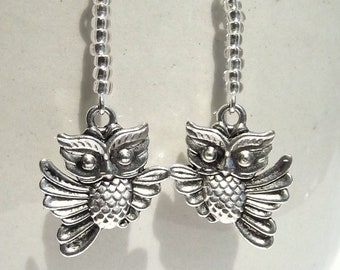 Flying Owl and Icy Clear Crystal Charm Earrings