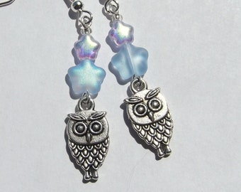 Owl and Blue Star Charm Earrings