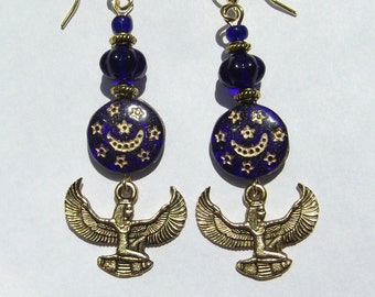 Egyptian Revival Winged Isis Auset Cobalt Blue Gold Celestial Dangle Earrings