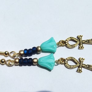 Ankh Blue Lotus Blue Water Lily Egyptian Revival Earrings