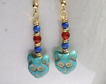 Egyptian Revival-Inspired Lapis Lazuli, Carnelian, Glass Goddess Bastet  Earrings