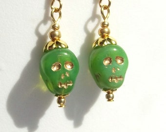 Green & Gold Skull Earrings: Dia de los Muertos, Halloween
