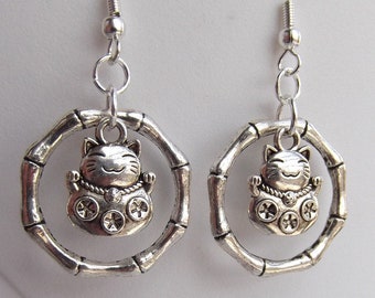 Lucky Cat Maneki Neko Charm Bamboo Silver Earrings