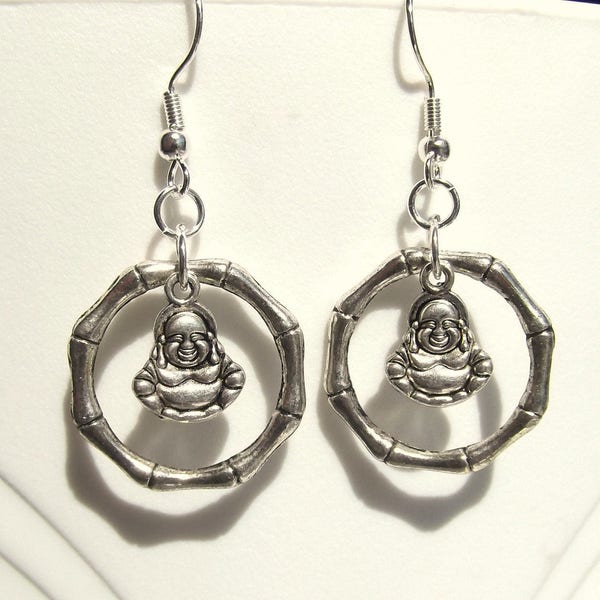 Wealth Buddha Hotei Laughing Buddha Bamboo Silver Earrings