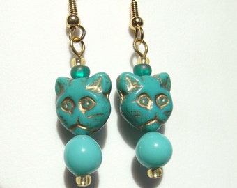 Egyptian Revival Turquoise Glass Cat Goddess Earrings