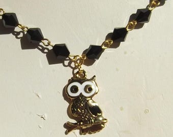 Black and White Enamel Owl Beaded Necklace
