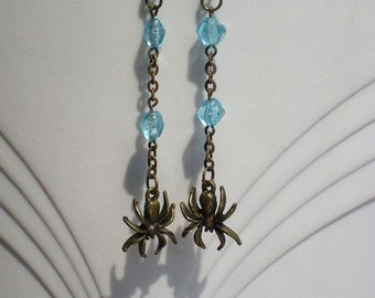 Spider Earrings Aqua Glass Bronze Earrings