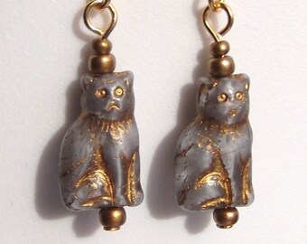 Gray Cat Czech Glass Earrings