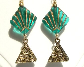 Egyptian Revival Emerald Teal Gold Pyramid Art Deco Dangle Earrings