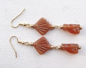 Egyptian Revival Solar Cat Carnelian Glass Bead Earrings