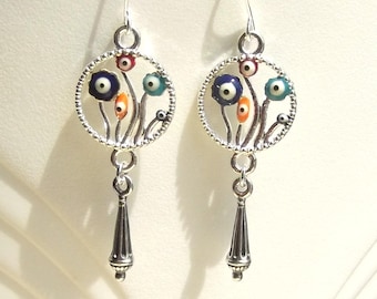 Evil Eye Flower Charm Silver Earrings