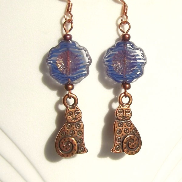 Copper Cat Charm Flower Dangle Earrings