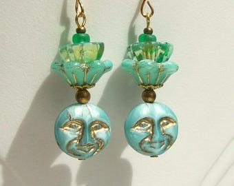 Man in the Moon Face Celestial Lunar God Glass Earrings