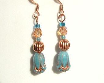 Copper Etched Turquoise Glass Lily Earrings