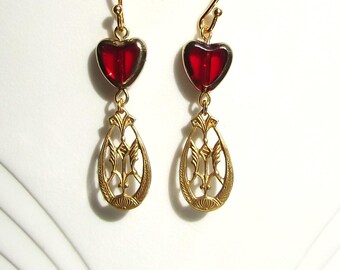 Red Heart Gold Art Noveau Earrings