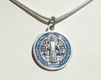 Blue Enamel St. Benedict Medal Necklace