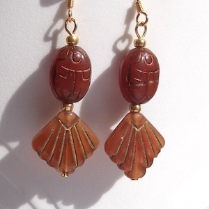 Egyptian Revival-Inspired Carnelian Glass Scarab Sunburst Earrings