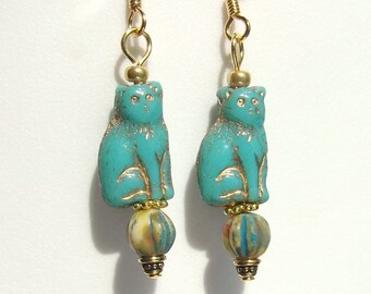 Egyptian Revival Style Turquoise Glass Cat Bead Earrings