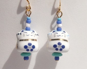 Maneki Neko White and Blue Japanese Lucky Cat Petite Earrings