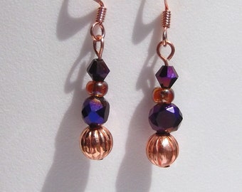 Copper and Purple Glass Copper Earrings