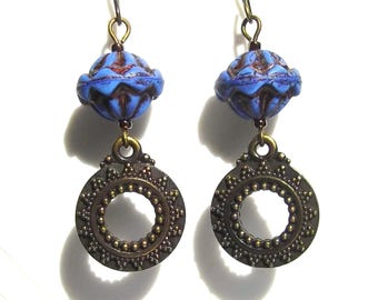 Dark Blue Glass Bead and Bronze Charm Dangle Earrings
