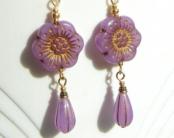 Lavender Glass Flower Dangle Earrings