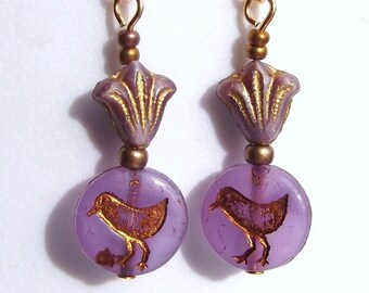 Egyptian Revival-Inspired Lavender Glass Bird Hieroglyph Lotus Earrings