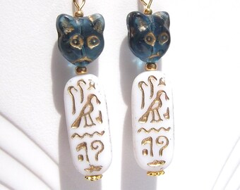 Egyptian Revival-Inspired White Glass Goddess Bastet Earrings