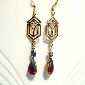 Blue and Red Art Deco Style Earrings