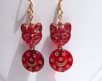 Bright Red Egyptian Revival Cat Charm Red Cat Earrings