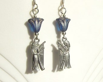 Egyptian Revival Hathor Harper Silver Navy Blue Lotus Bead Dangle Earrings