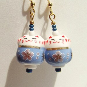 Maneki Neko Denim Blue Japanese Lucky Cat Earrings