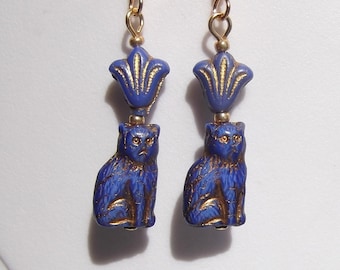 Egyptian Revival Style Blue Lotus Cat Bead Earrings