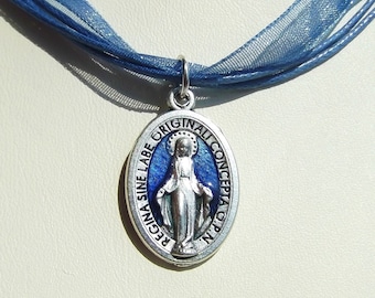 Enamel Miraculous Medal Royal Blue Ribbon Necklace