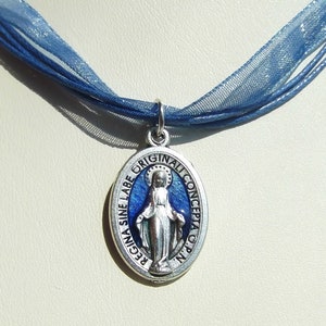 Enamel Miraculous Medal Royal Blue Ribbon Necklace