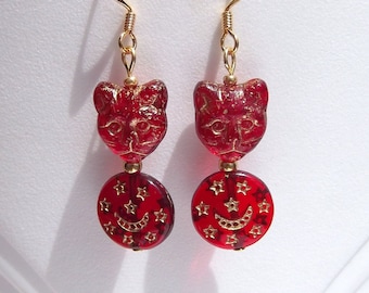 Red Egyptian Revival Cat Earrings: Gold Etched Glass