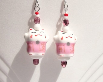 Maneki Neko Rose Pink Japanese Lucky Cat Earrings