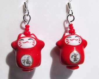 Red Maneki Neko Japanese Lucky Cat Earrings