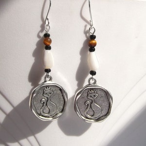 Mother of Pearl Tiger Eye Cat Coin Earrings