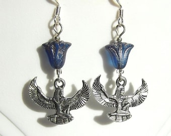Egyptian Revival Winged Isis Auset Blue and Silver Dangle Earrings